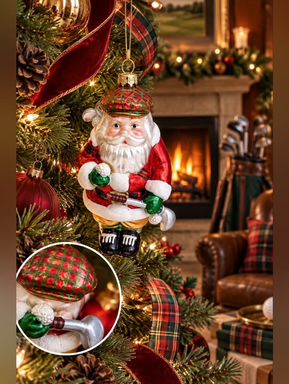 Vintage Blown Glass Santa Golfer Christmas Ornament Scottish Plaid Hat Golf